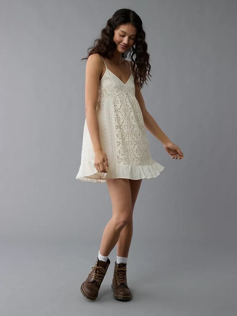 American Eagle Outfitters Cream Eyelet Spaghetti Strap Mini Dress
